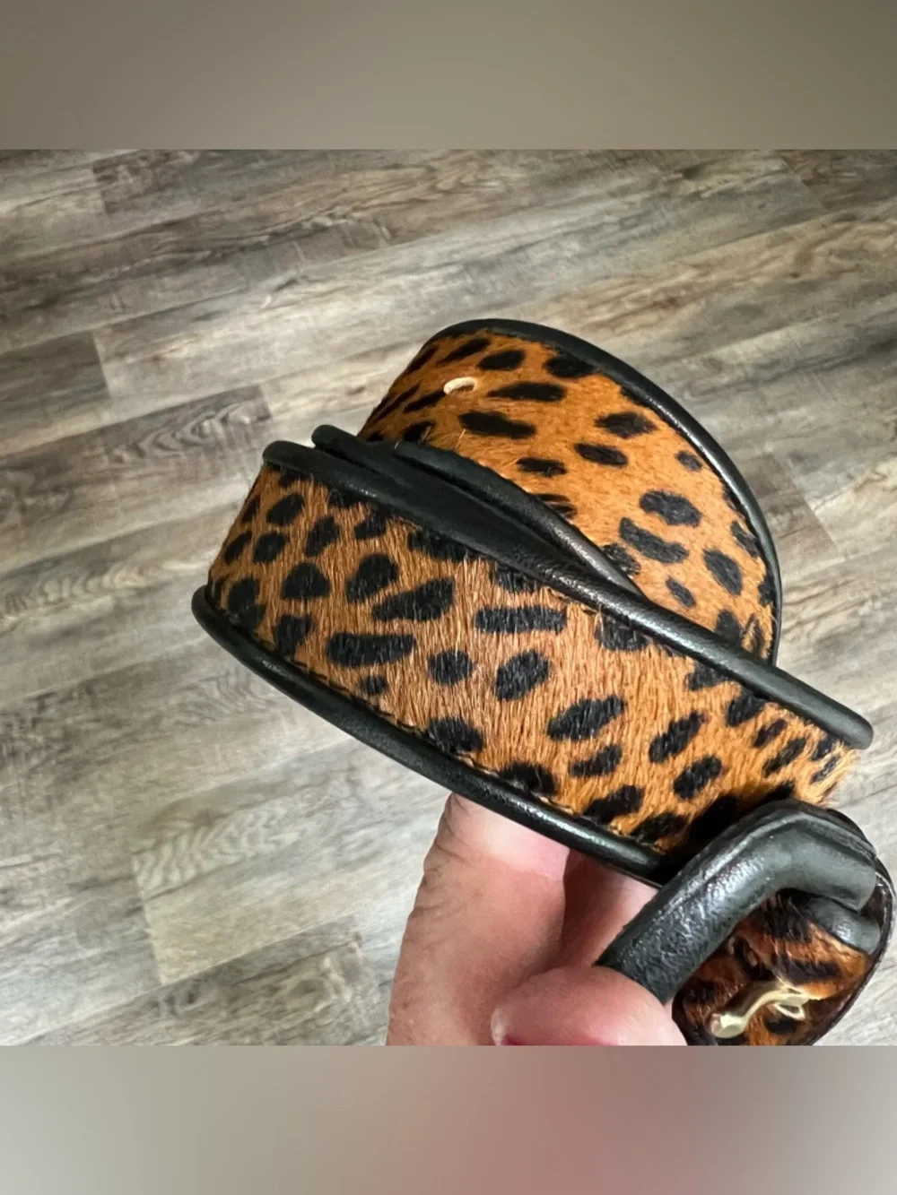 Vintage Genuine Leather Leopard Print Waist Belt Black Trim Size Medium